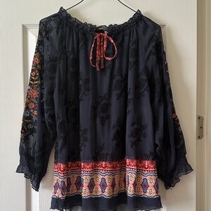 John Mark Navy Blouse with Vibrant Embroidery
